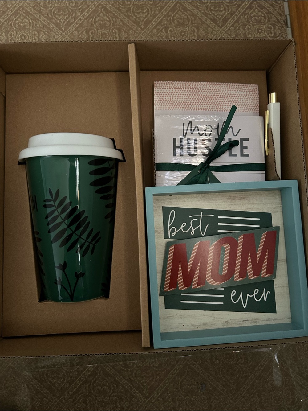 Opened, but never used, Best MOM Ever Gift Box with Green Travel Mug